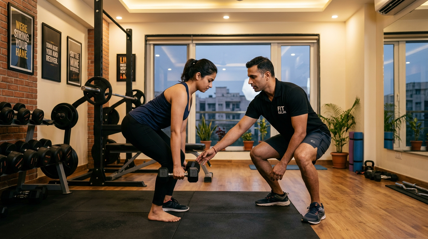 Weight loss trainer in Delhi demonstrating a bodyweight circuit exercise with proper form for a client in a home gym setting