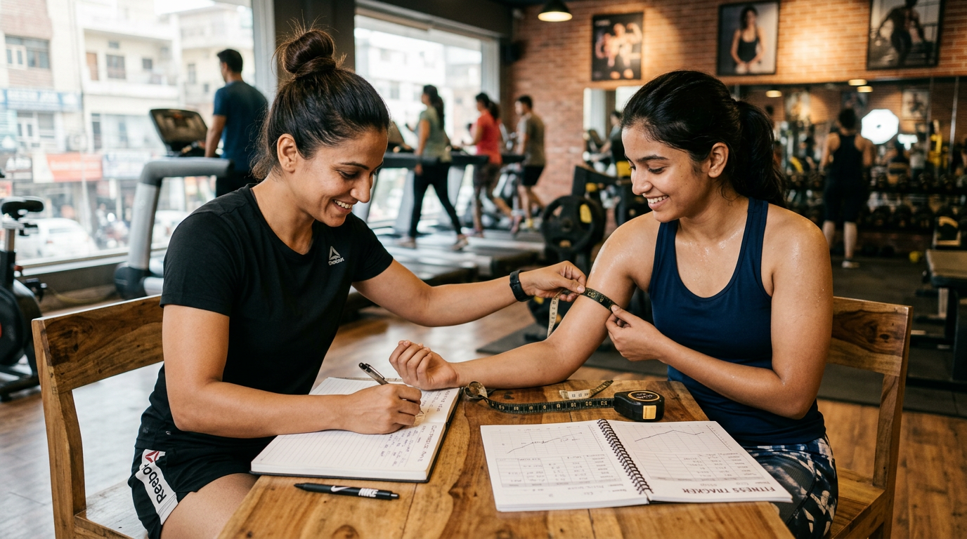 Personal trainer guiding a client through a guided weight loss workout session in a modern Delhi gym with proper technique cues