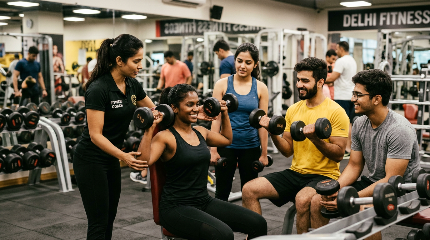 Infographic comparing small group training versus one-on-one and large group classes across cost attention accountability and best use cases for Delhi fitness clients