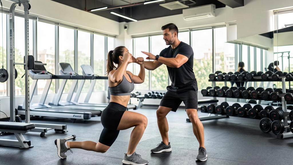 Professional fitness trainer demonstrating proper form during training