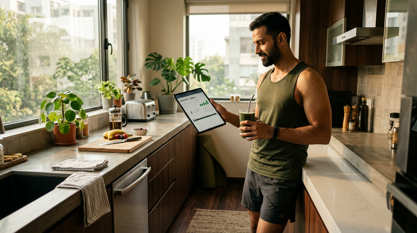 Delhi professional reviewing fitness plan on tablet after morning training, clean modern apartment, natural morning light