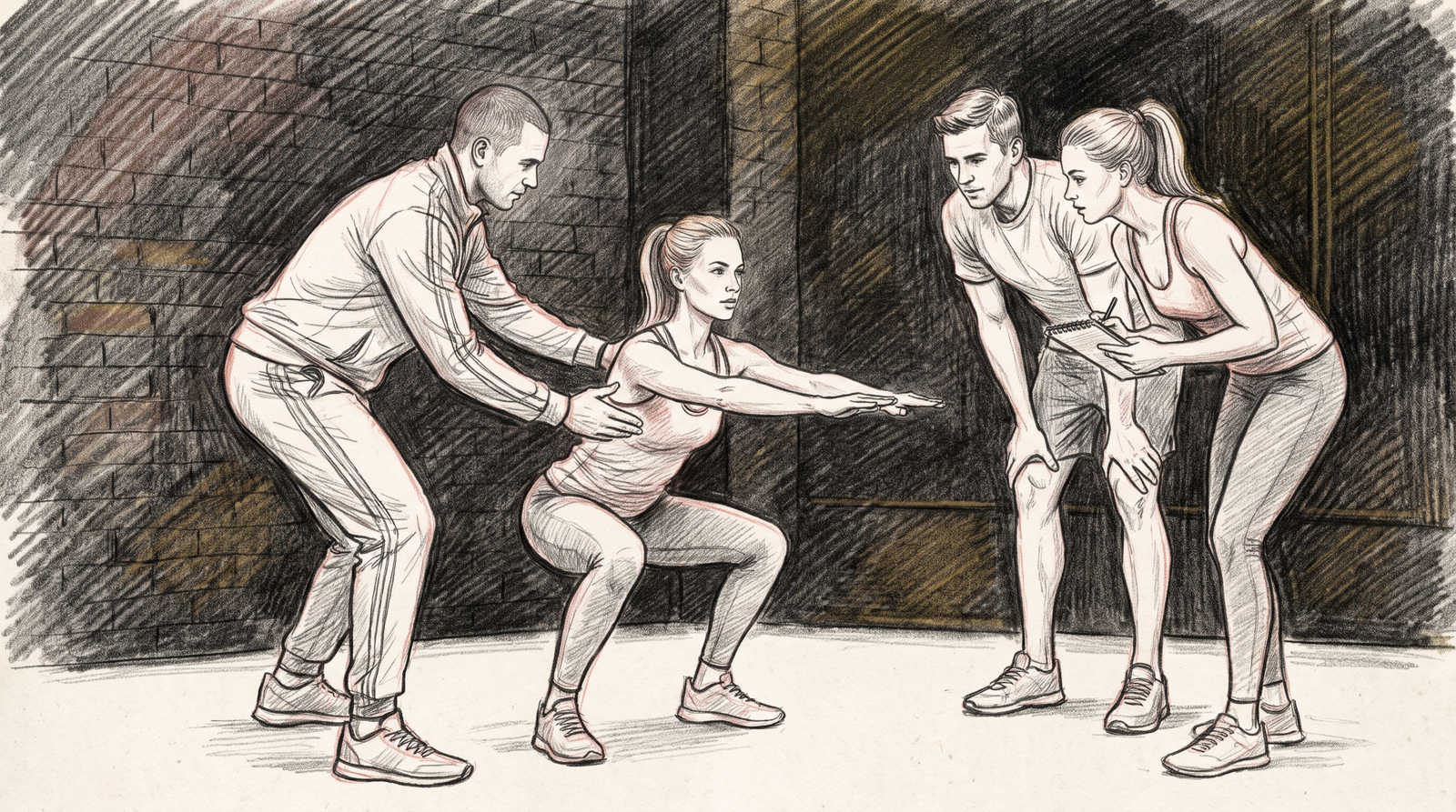 Personal trainer correcting squat form for client in small group fitness session