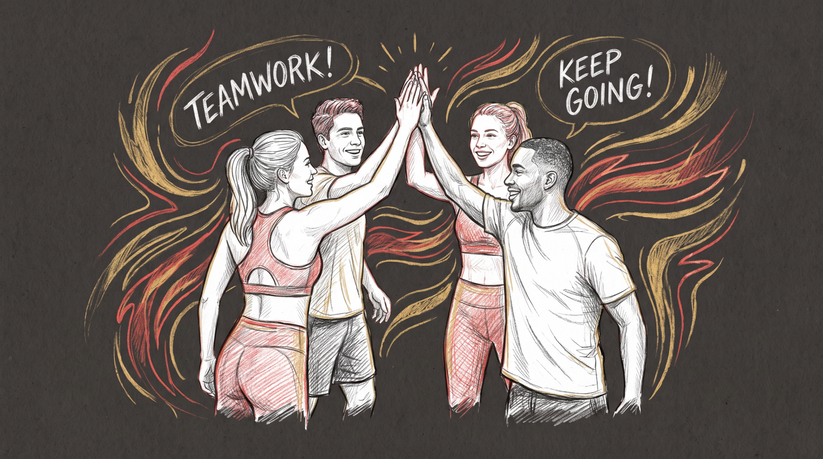 Small group motivating each other with high-fives during workout in gym