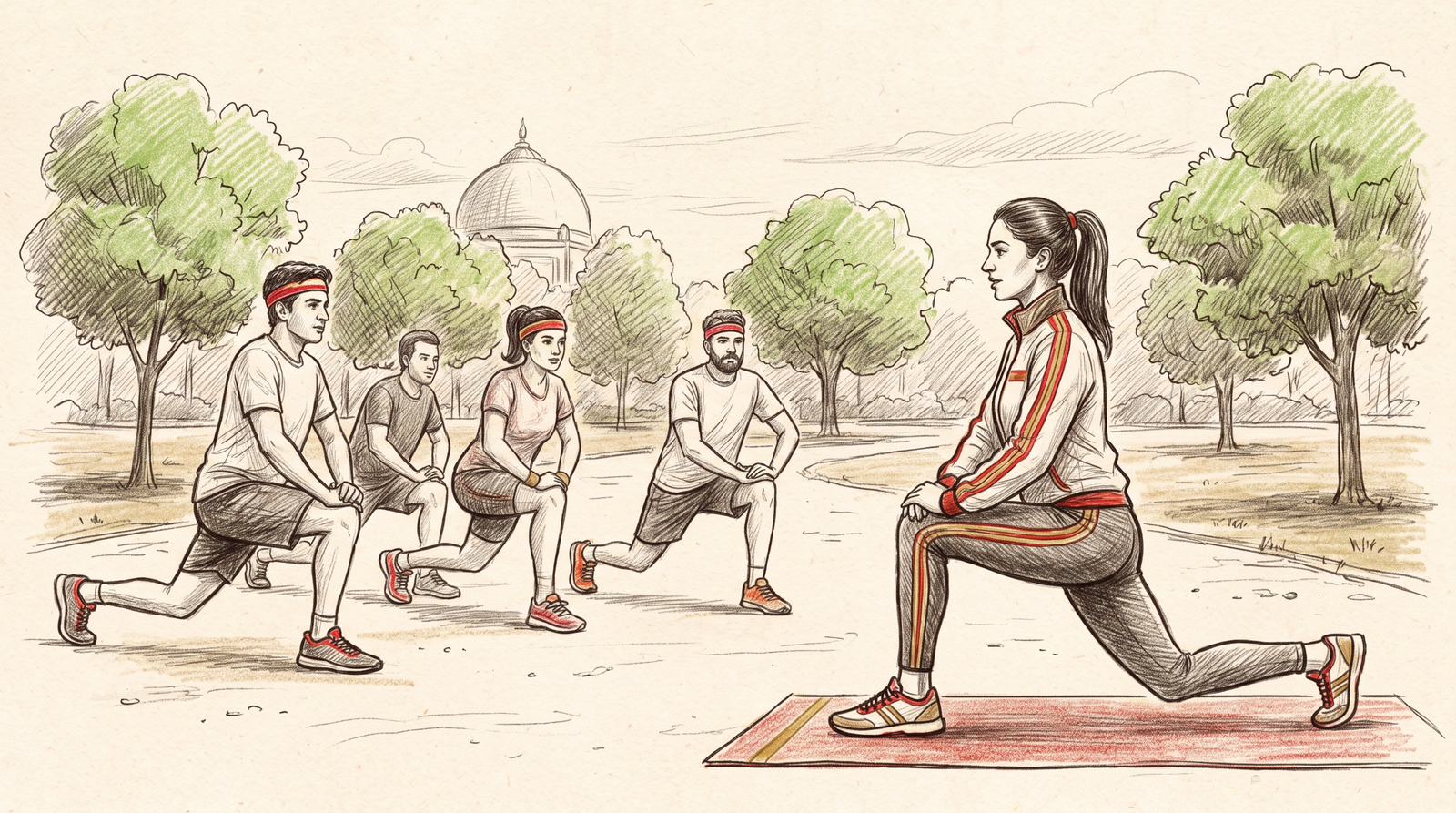 Small group outdoor fitness training in Delhi park with trainer leading exercises