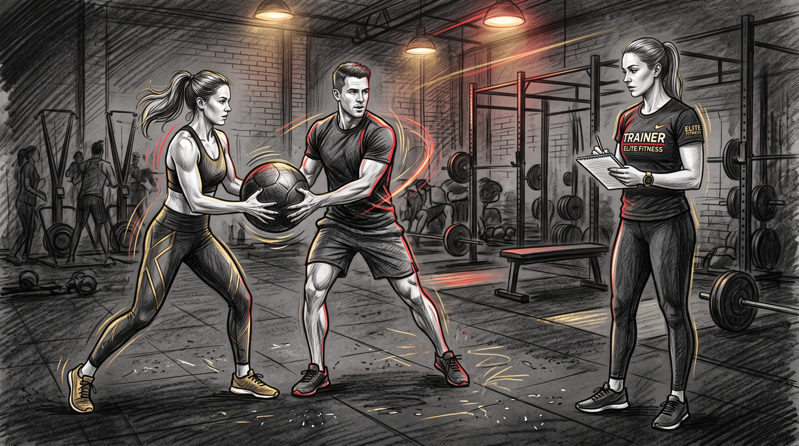 Partner exercises in small group personal training session with medicine balls