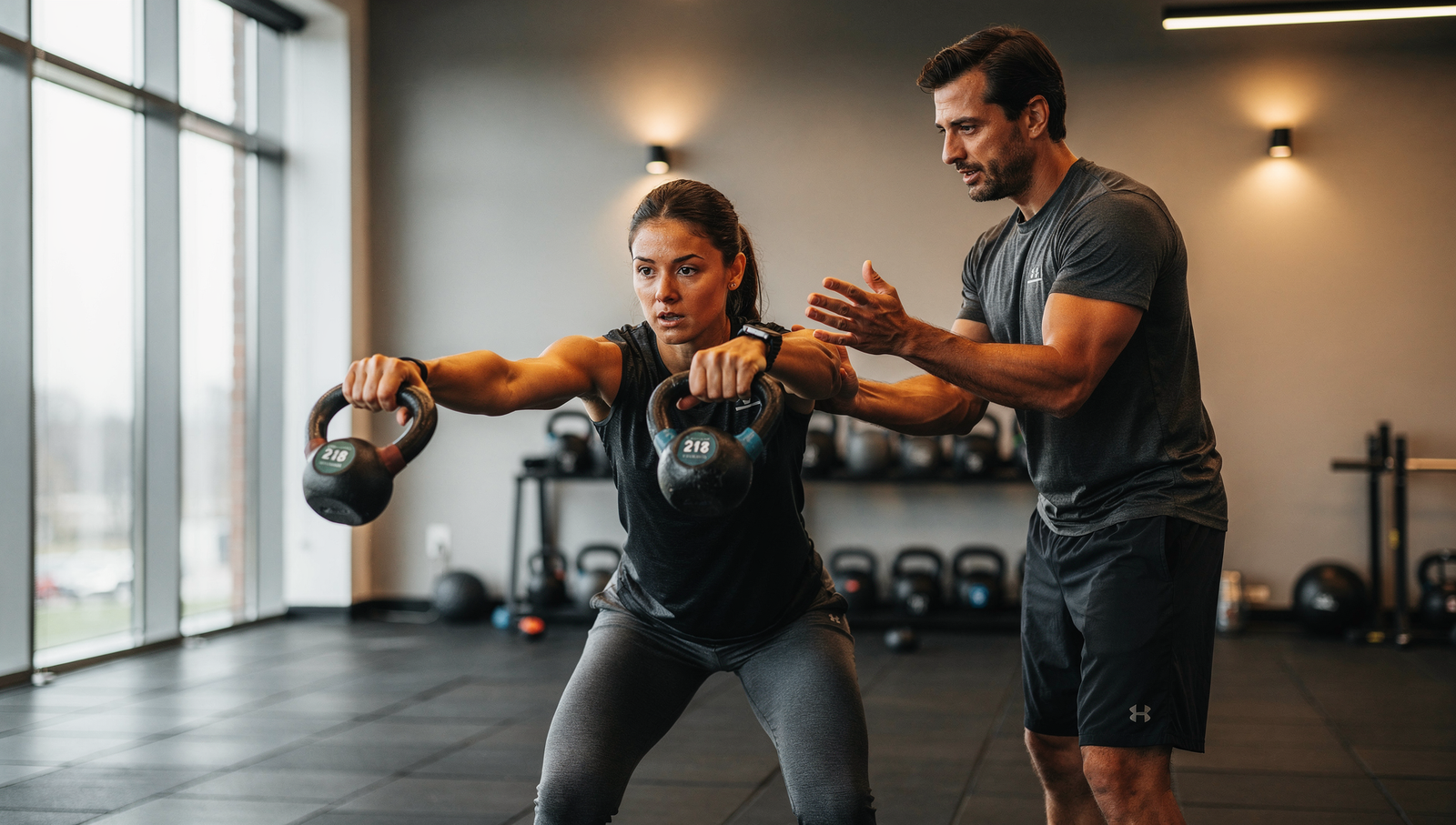 Professional trainer correcting exercise form during small group training session