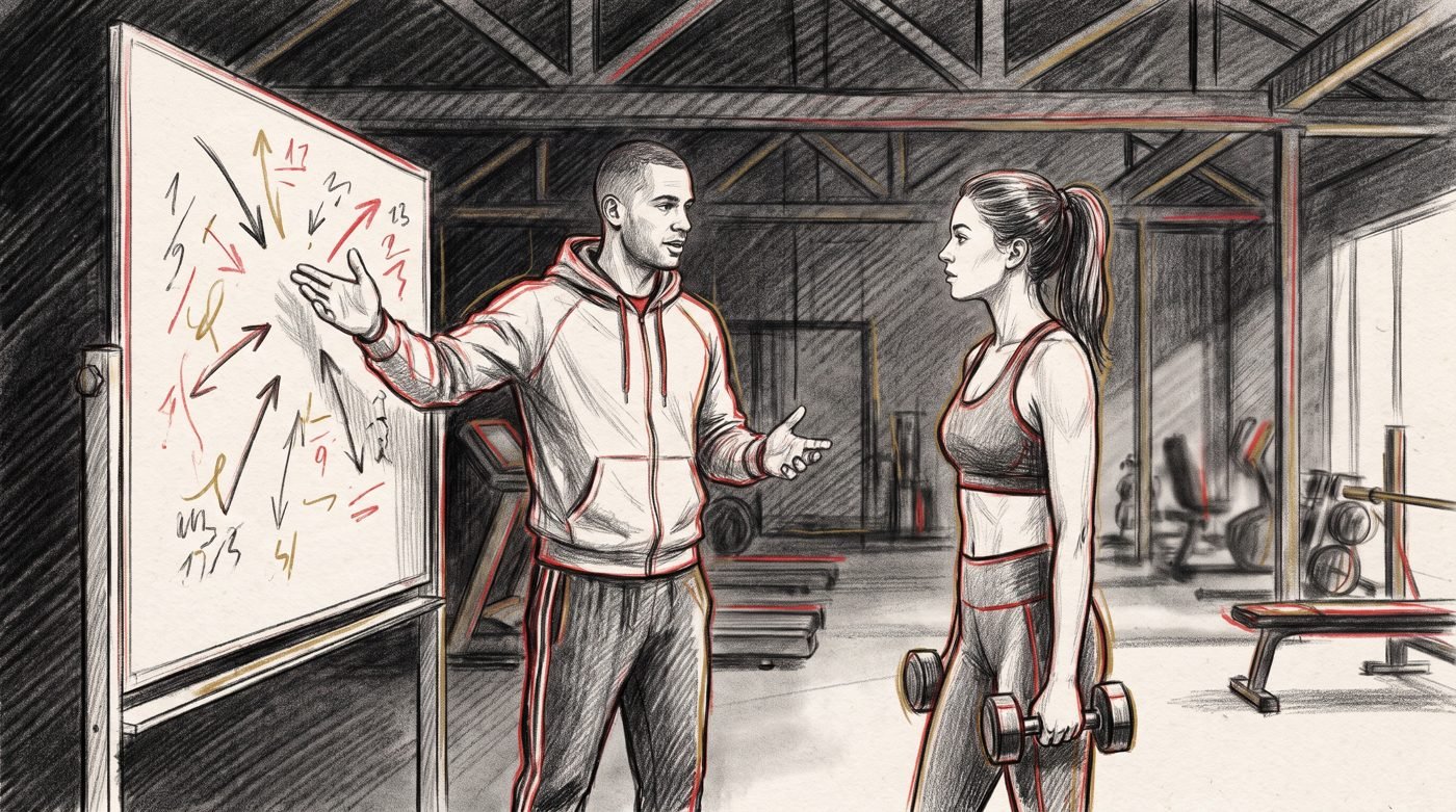Personal trainer coaching a client next to a whiteboard with workout progression numbers