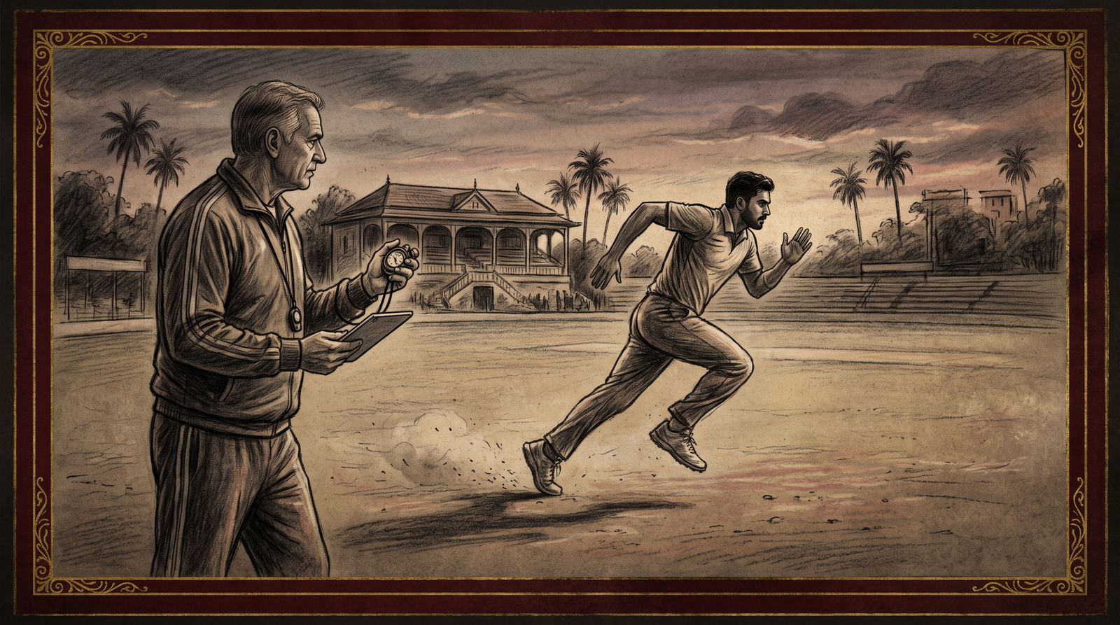 Coach using tablet and stopwatch to track cricket player performance metrics