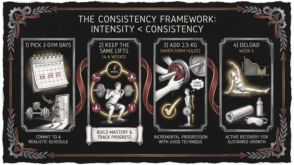 4-step consistency framework: pick 3 gym days, keep the same lifts for 4-6 weeks, add 2.5 kg when form holds, deload week 5