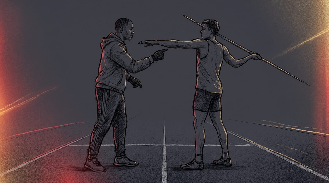 A trainer pointing at a beginner student's release arm position on an outdoor track, showing correct javelin technique