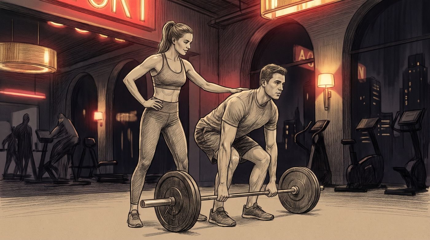 Personal trainer coaching a client through a first deadlift at a premium Delhi gym