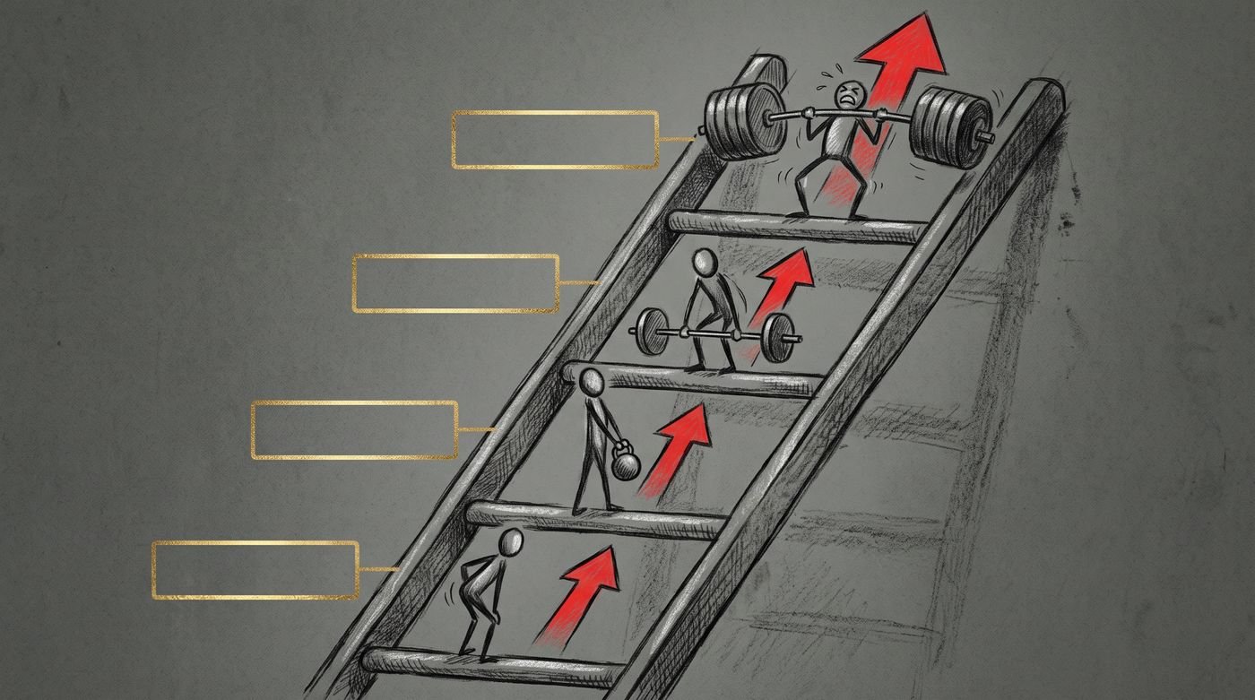 Deadlift progression ladder from hip hinge to heavy barbell in a dark gym