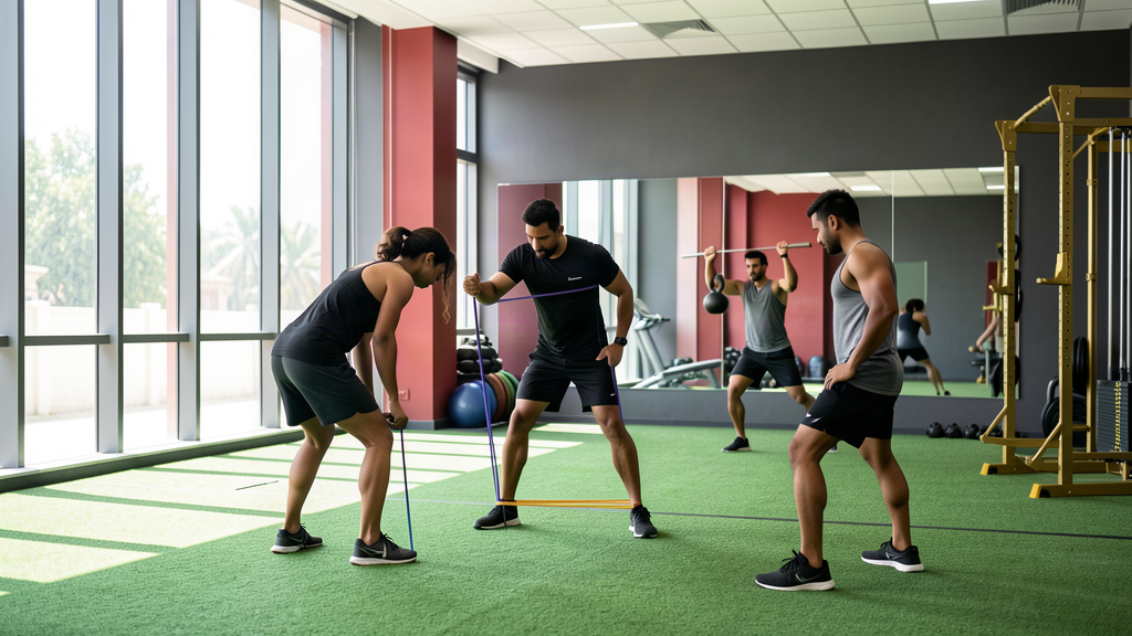 Strength and conditioning coach demonstrating resistance band mobility drills to a group of athletes at a Delhi training facility