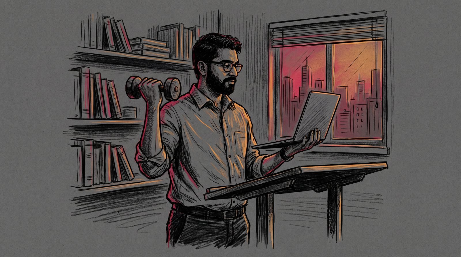 Professional at a home office desk doing light dumbbell shoulder press between meetings