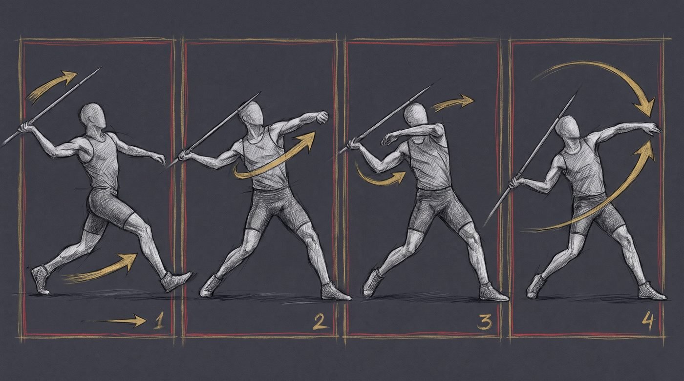 Javelin thrower release mechanics infographic showing back leg drive, chest open, shoulder over elbow, wrist snap in four sequential frames