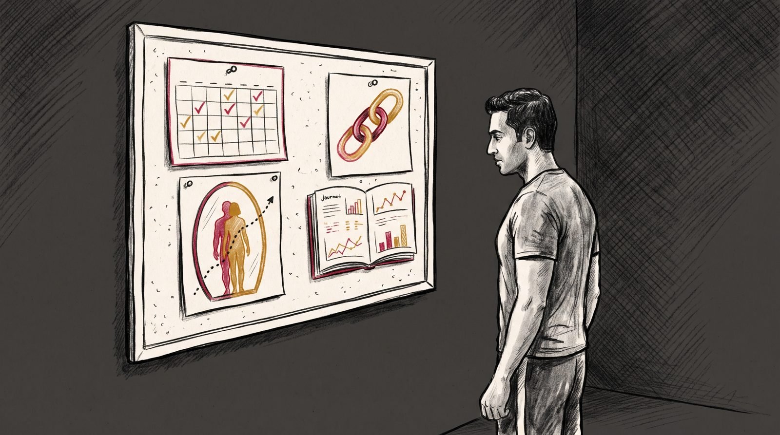Fitness motivation system: wall board with workout calendar, progress mirror silhouettes, habit streak chain and journal