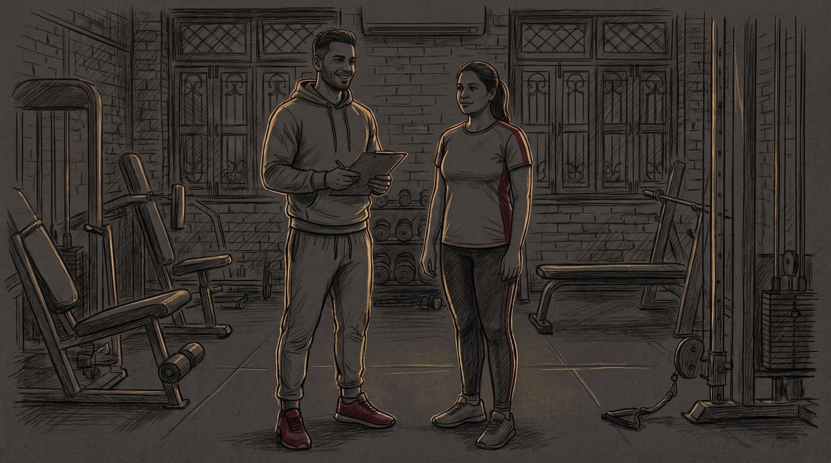Personal trainer at a Delhi studio reviewing a client training plan on a clipboard