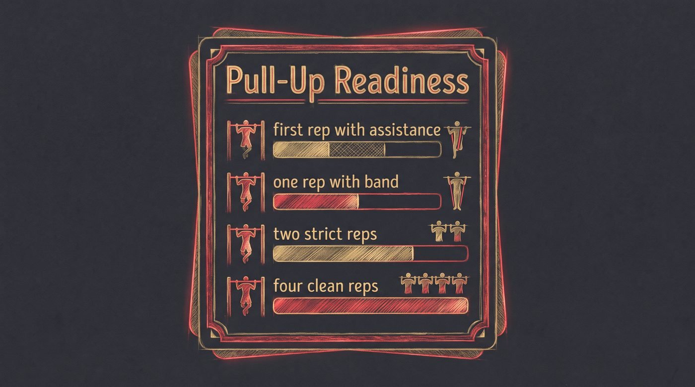 Four-step pull-up readiness checklist from assisted first rep to four clean strict reps, editorial infographic