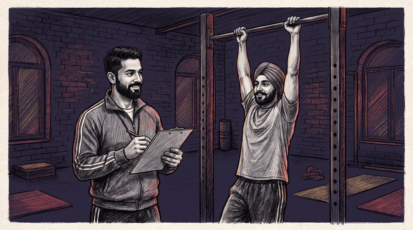 Trainer reviewing a pull-up training program on a clipboard next to a pull-up bar, editorial illustration