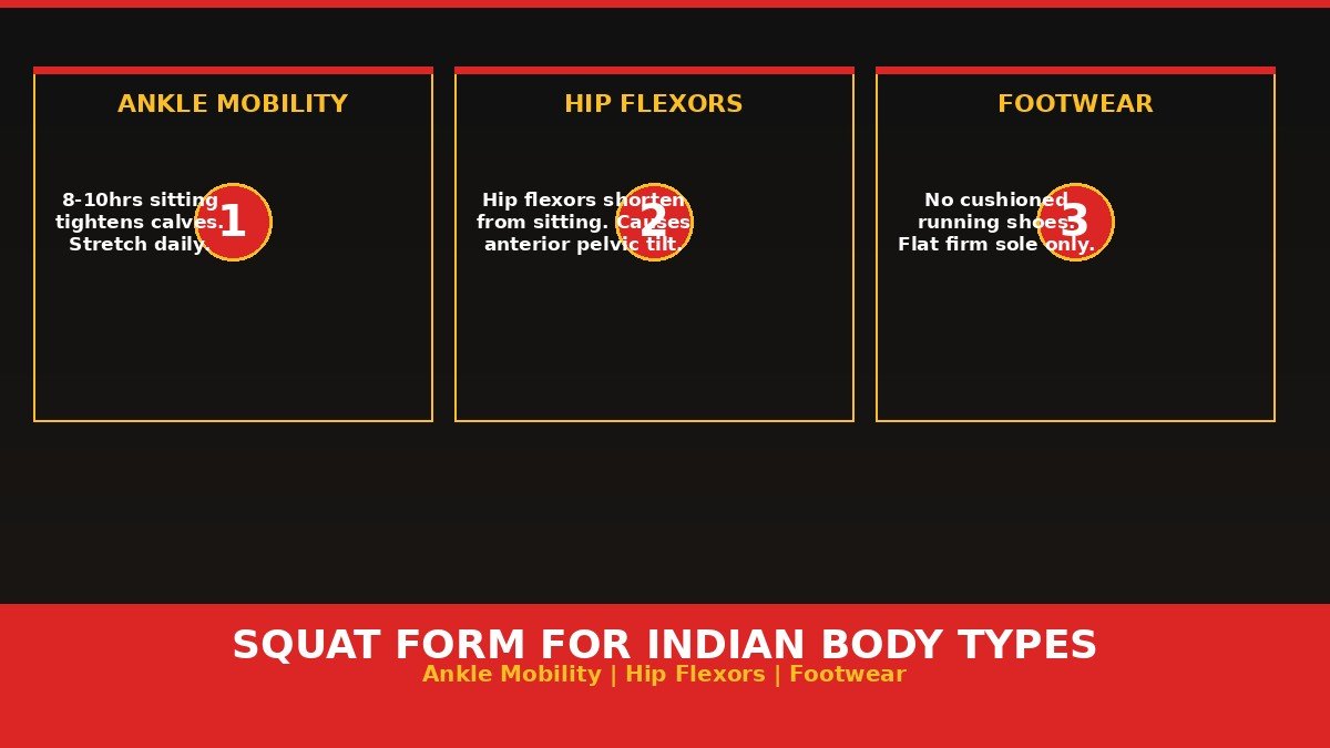 Squat form variations for different body types showing ankle and hip mobility considerations