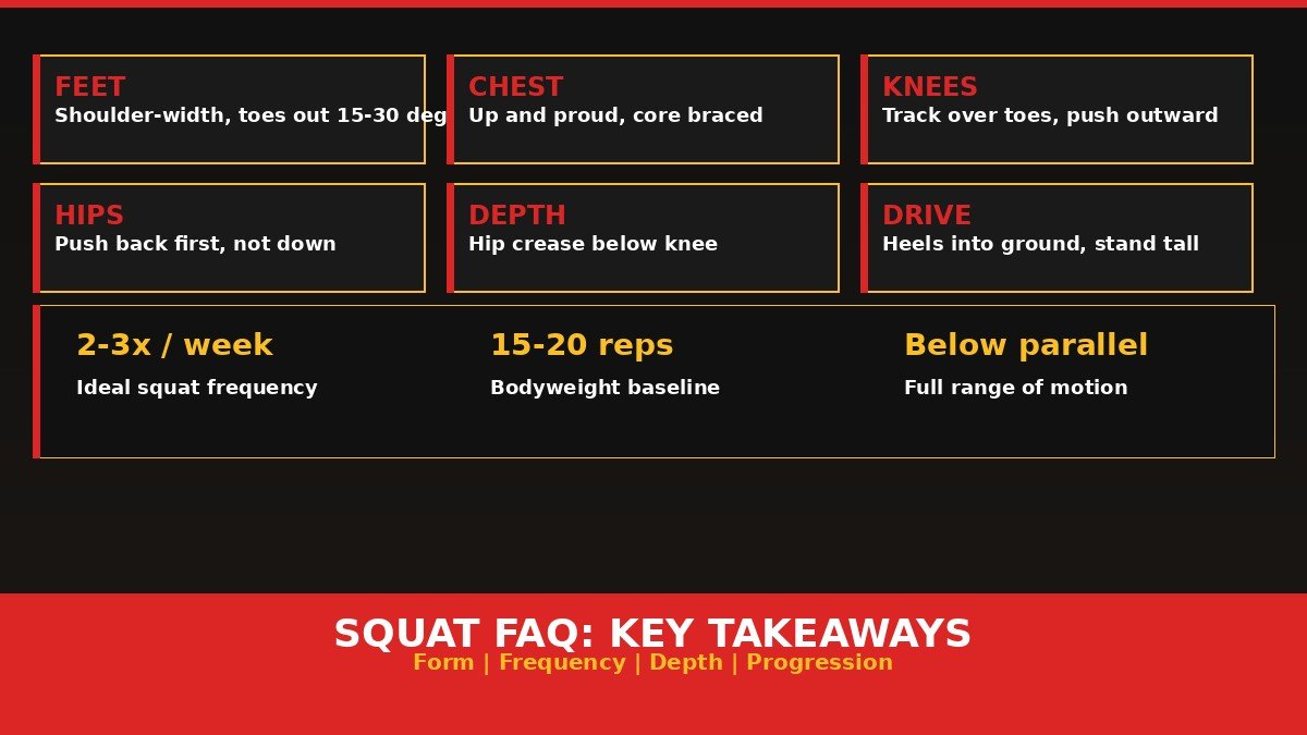 Squat FAQ summary infographic with key form tips and common questions answered