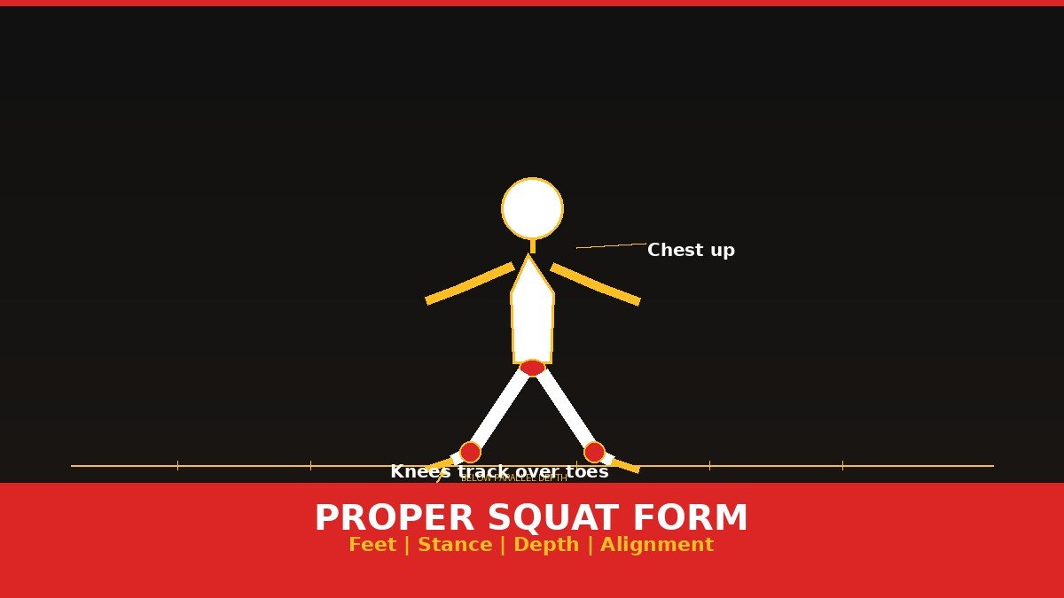 Proper squat form demonstration showing correct stance, depth, and body alignment