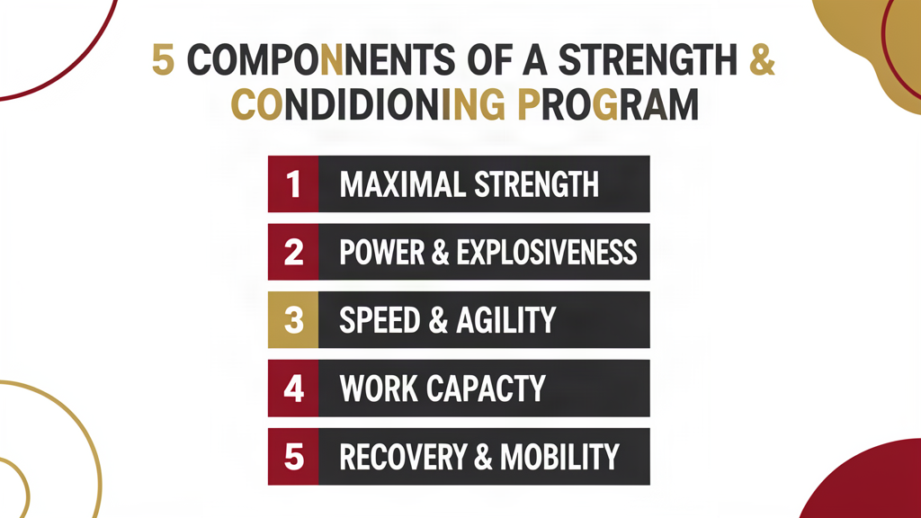 Infographic listing the five components of a strength and conditioning program: maximal strength, power, speed and agility, work capacity, and recovery